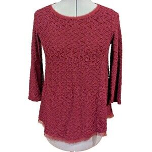 Textured Burgundy Long Sleeve Tunic Top Frayed Hem Elegant‎ Casual